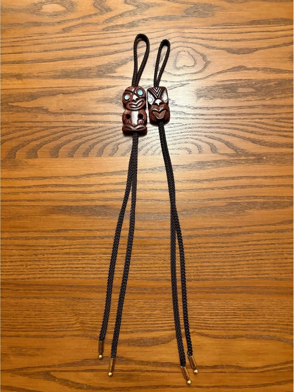 Vintage Hand-Carved Wooden Tiki Bolo Ties (Pair) from Rotorua, New Zealand